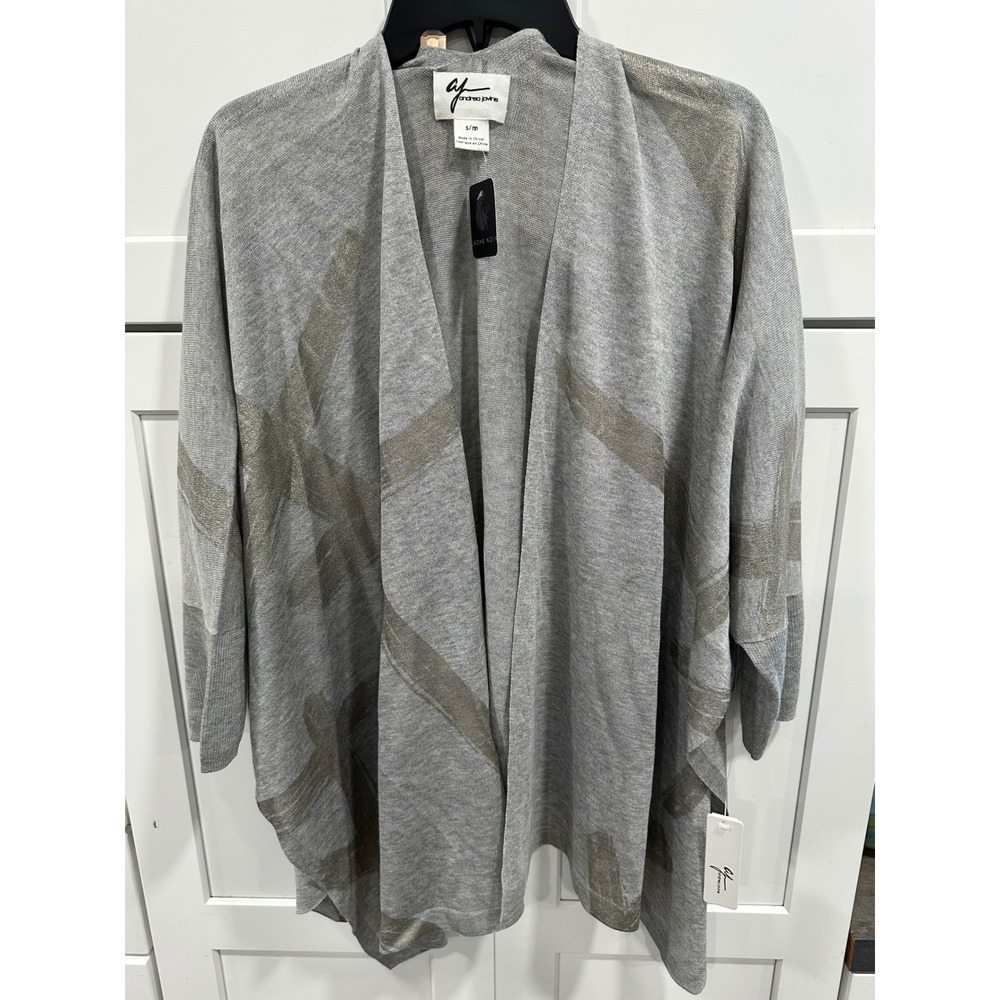 Andrea Jovine Gray Gold Metallic Abstract Open Front Cardigan Wrap S/M NWT